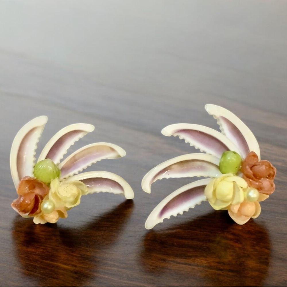 Vintage Shell Screw On Earrings with Faux Seed Pearls & Roses
